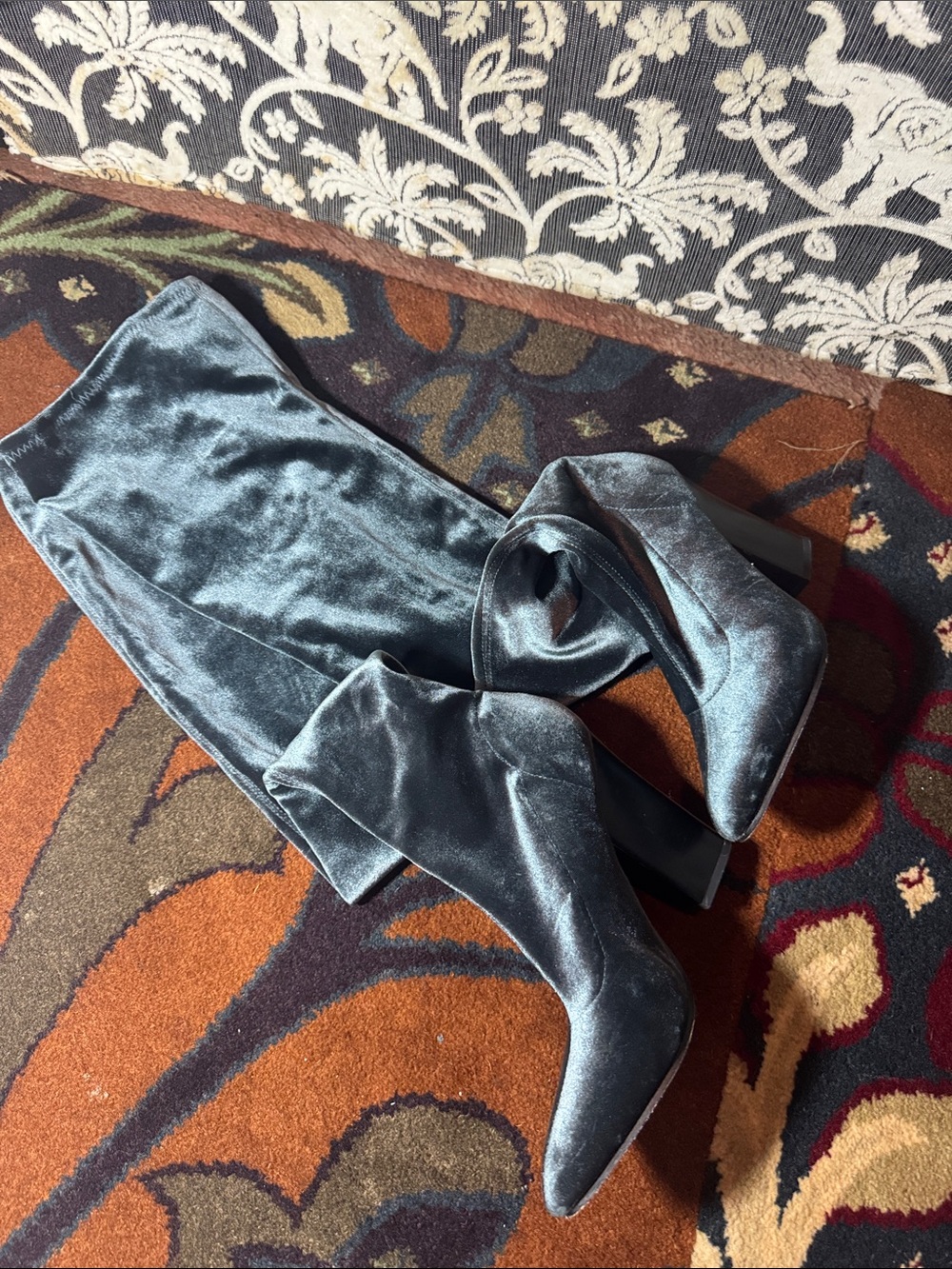 Zara Velvet Over-the-Knee High Heel Boots - Slate Blue 39